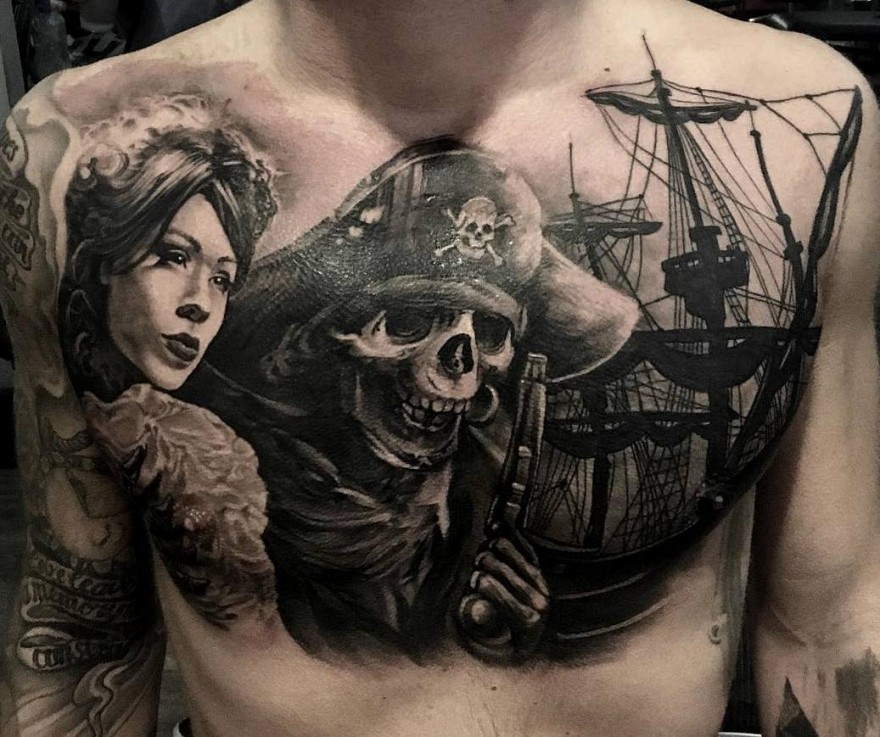 Tattoo of a pirate on the chest for men