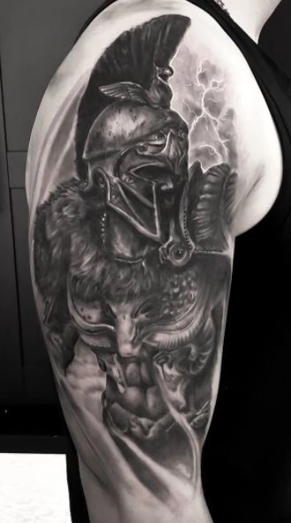 Spartan tattoo on the shoulder for men