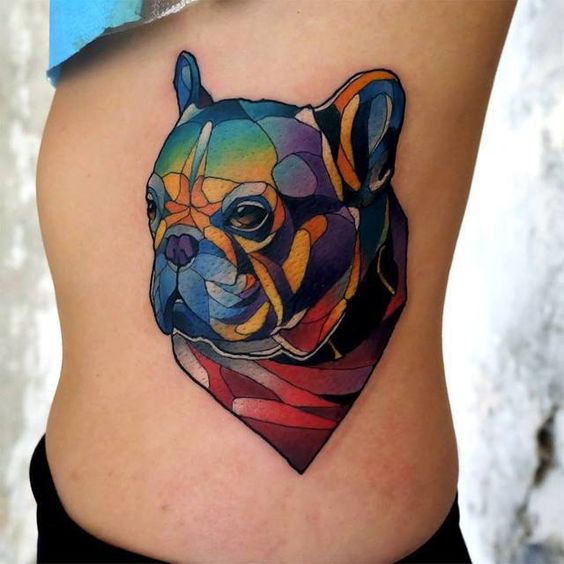 Bulldog tattoo on the side for women