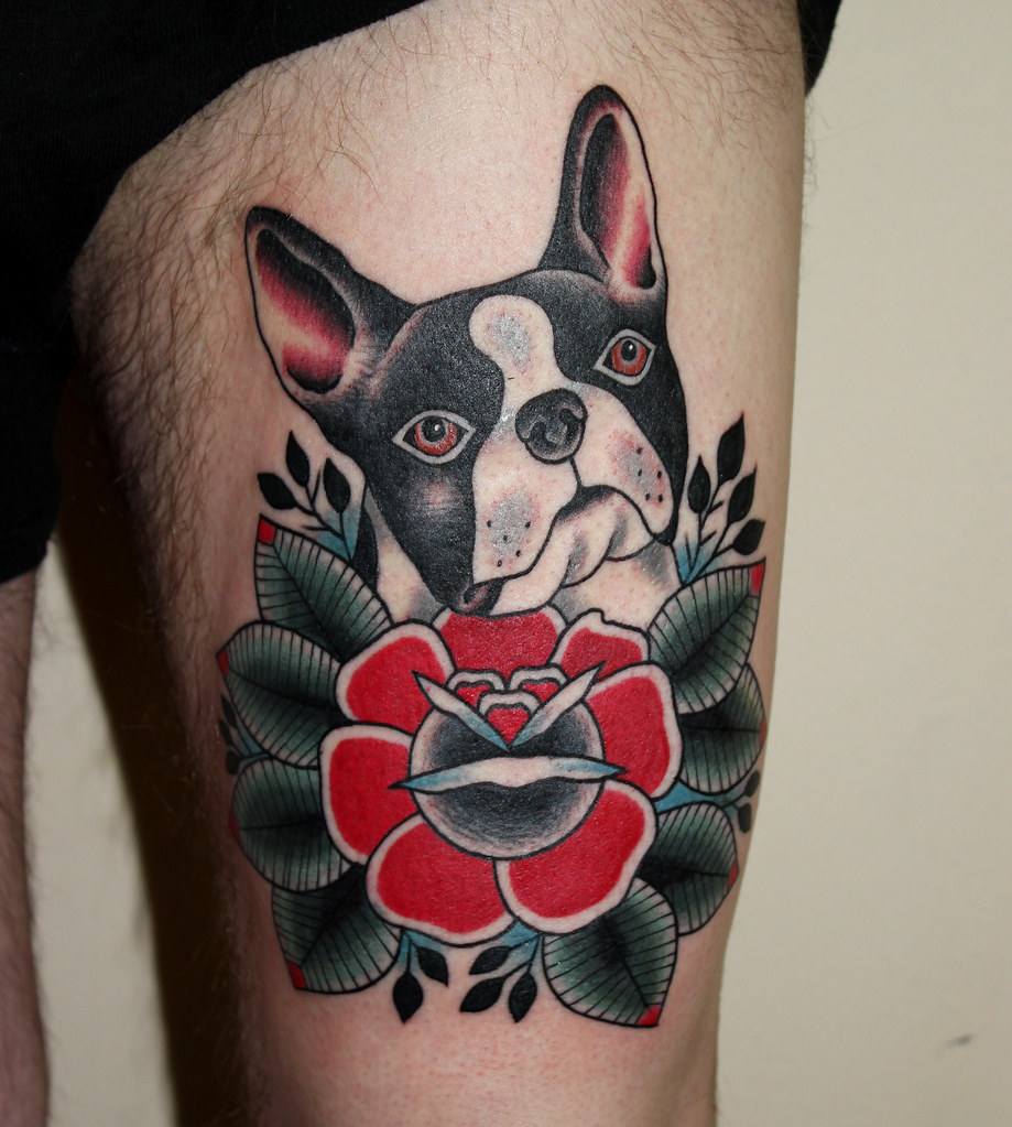 Bulldog tattoo on the hip for men