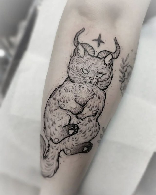 Cat tattoo on the forearm