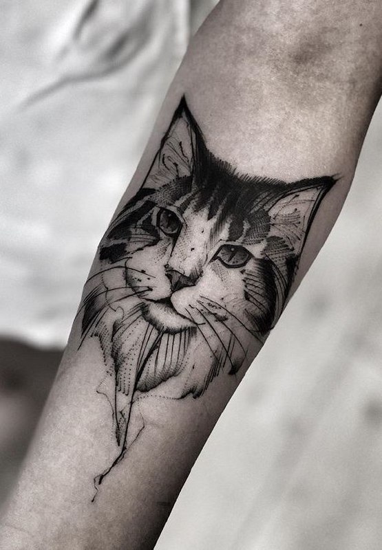 Cat tattoo on the forearm for men