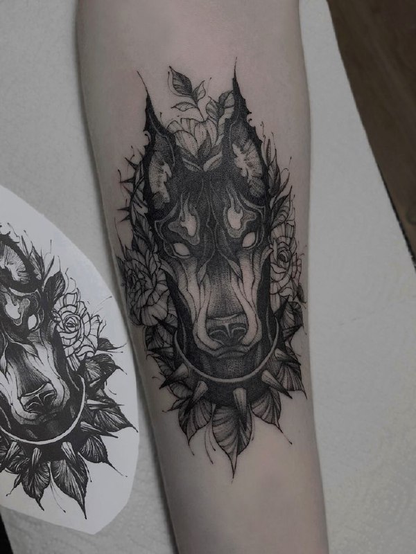 Doberman tattoo on forearm for women