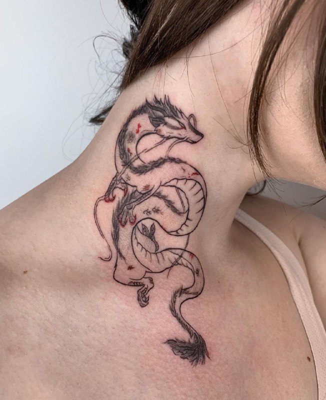 Dragon tattoo on the neck for women