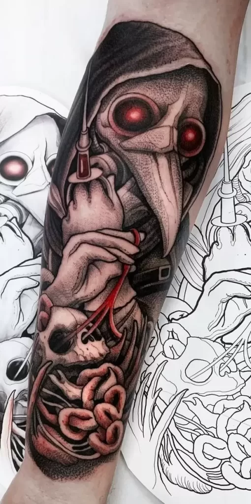 Tattoo of a plague doctor on the arm