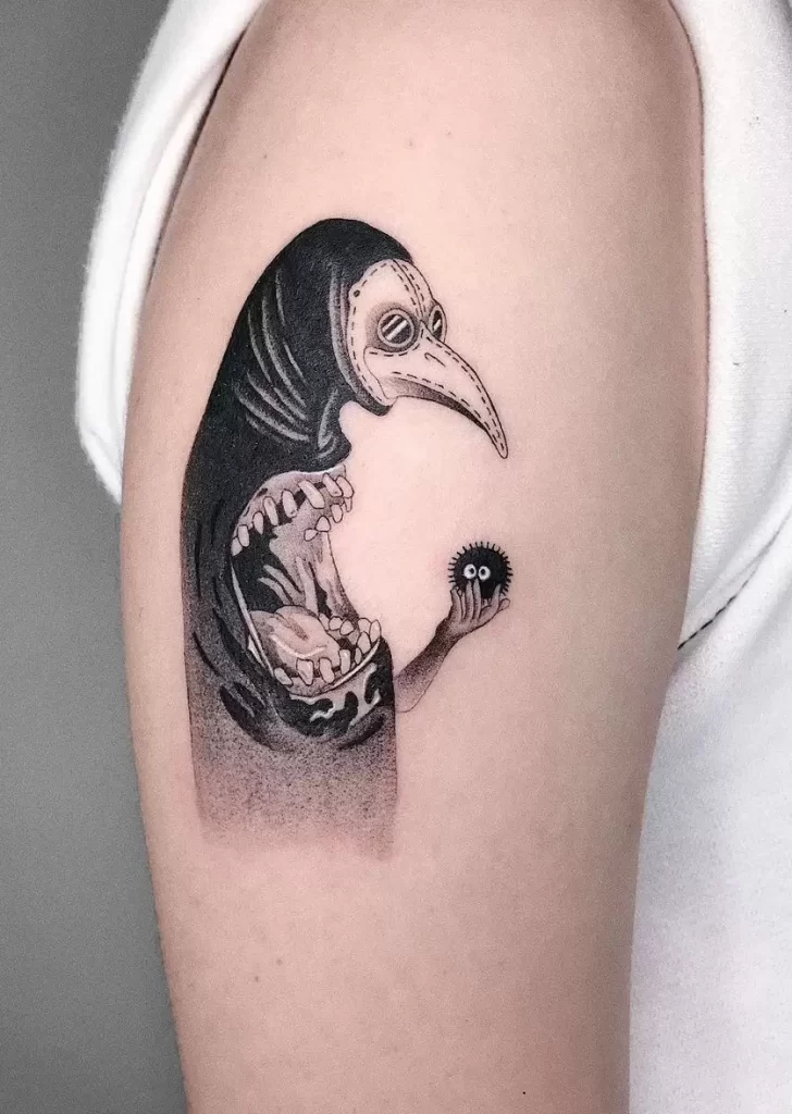 Plague doctor tattoo on the shoulder for women