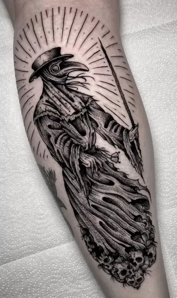 Tattoo of a plague doctor on the arm