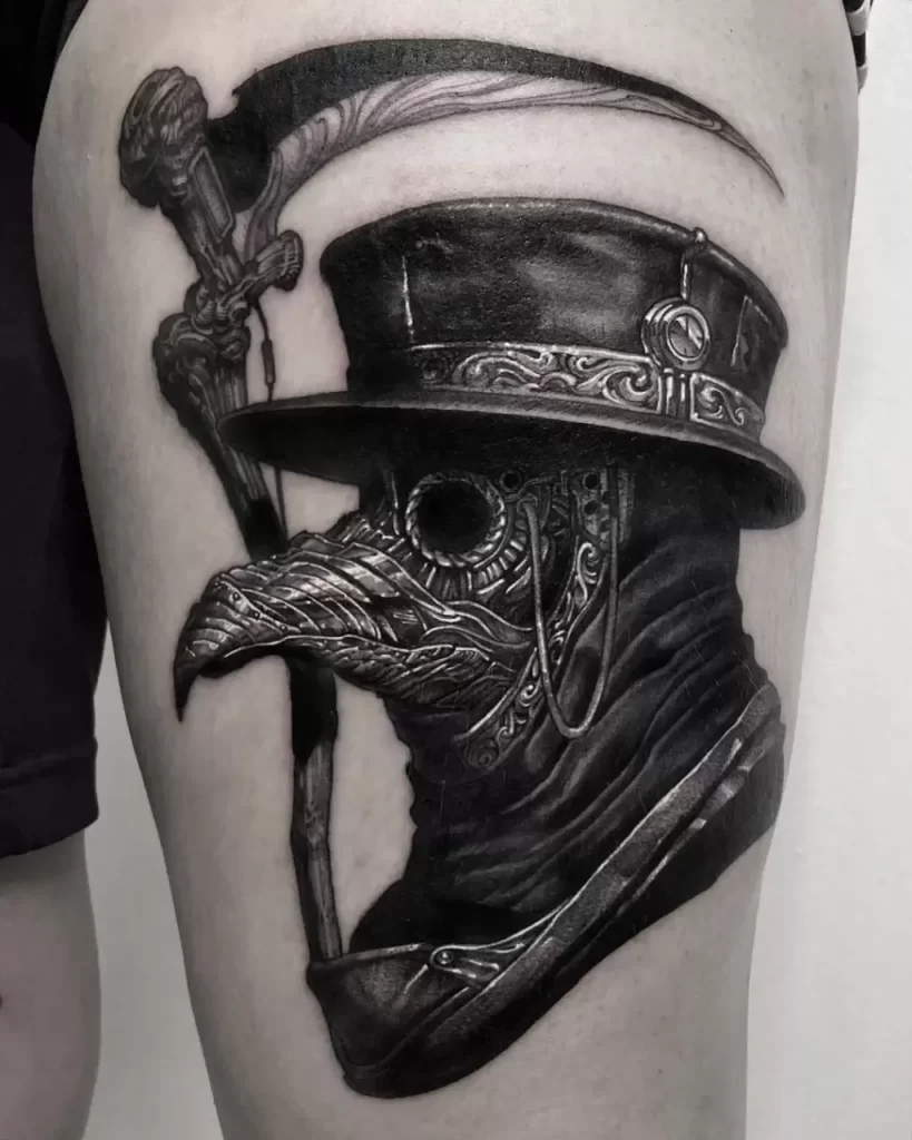 Plague doctor tattoo on the thigh for men