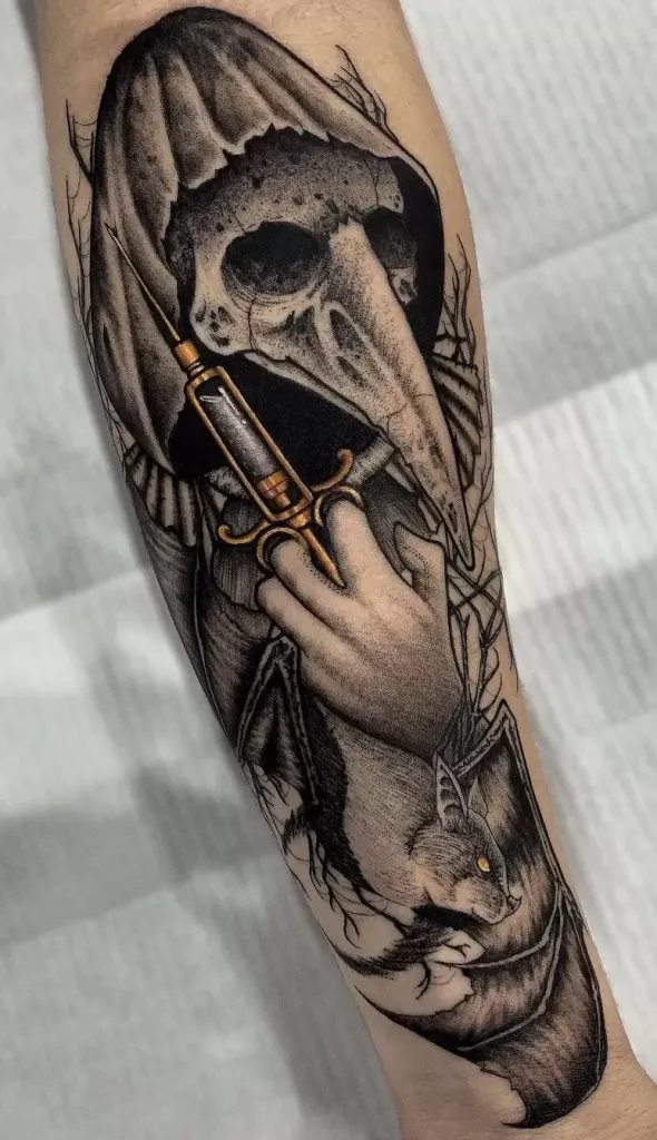 Plague doctor tattoo on the arm for men