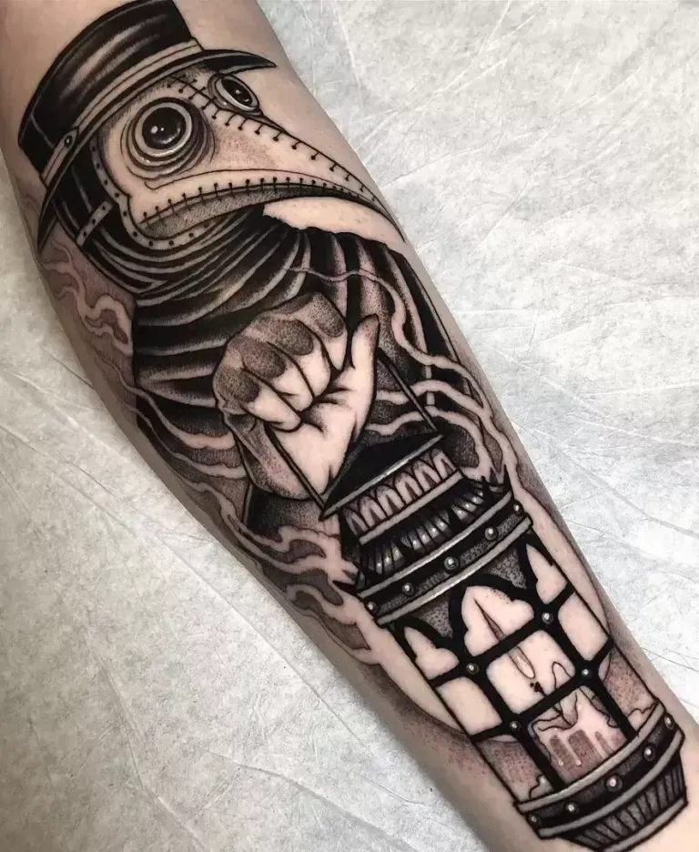 Tattoo of a plague doctor on the arm