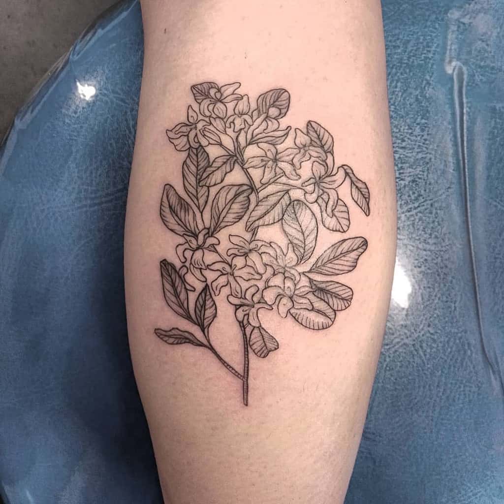 Jasmine tattoo on the calf for women