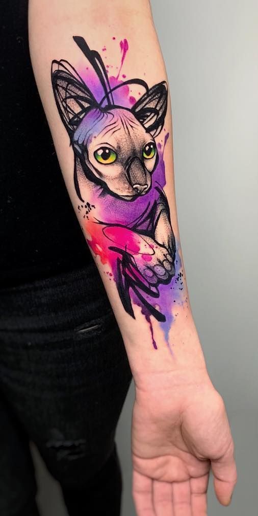 Colored sphinx tattoo on the forearm for women