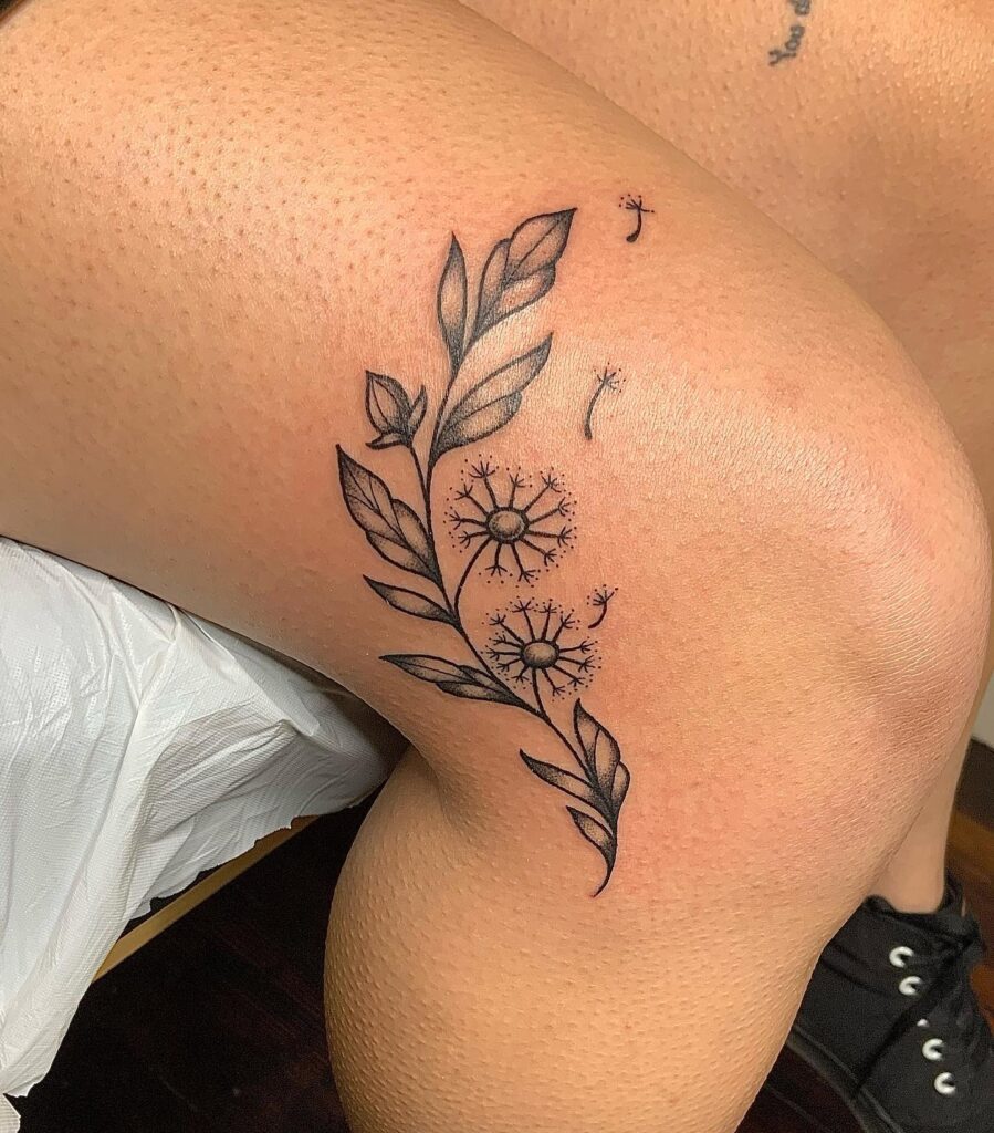 Dandelion tattoo on the knee for women