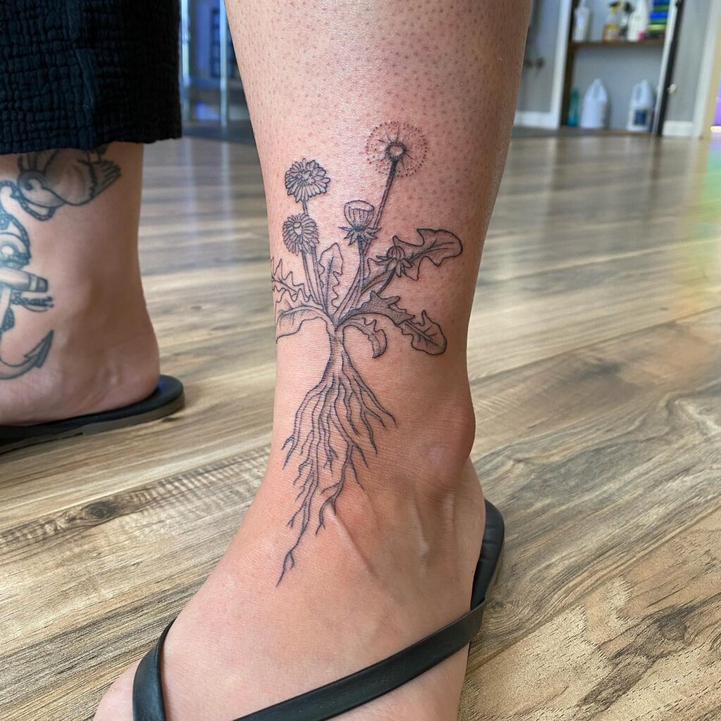 Dandelion tattoo with rhizome on shin for men