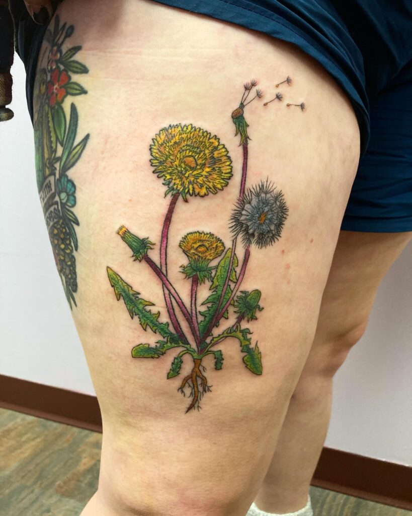 Colorful dandelion tattoo on the thigh for women