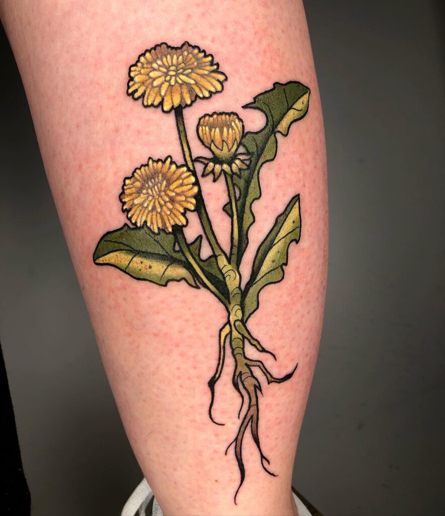 Colored dandelion tattoo on the calf for men