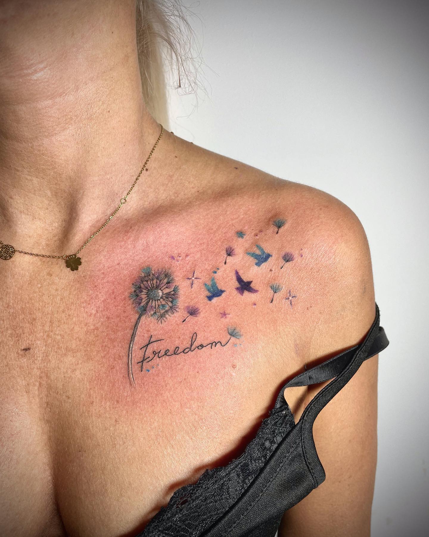 Colorful dandelion tattoo with birds on the collarbone for women Colorful dandelion tattoo with birds on the collarbone for women