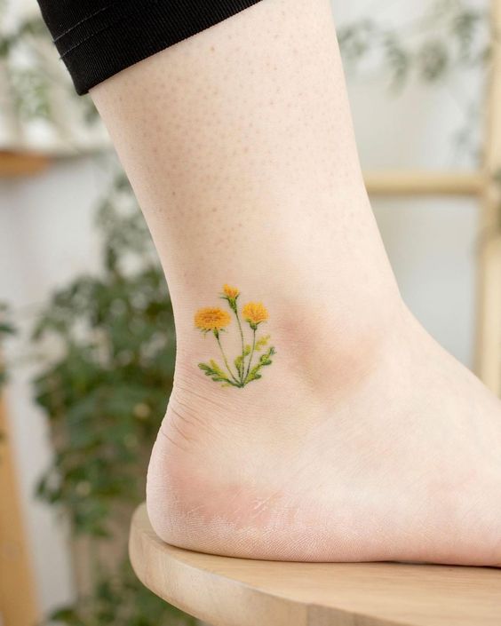 Color dandelion ankle tattoo for women