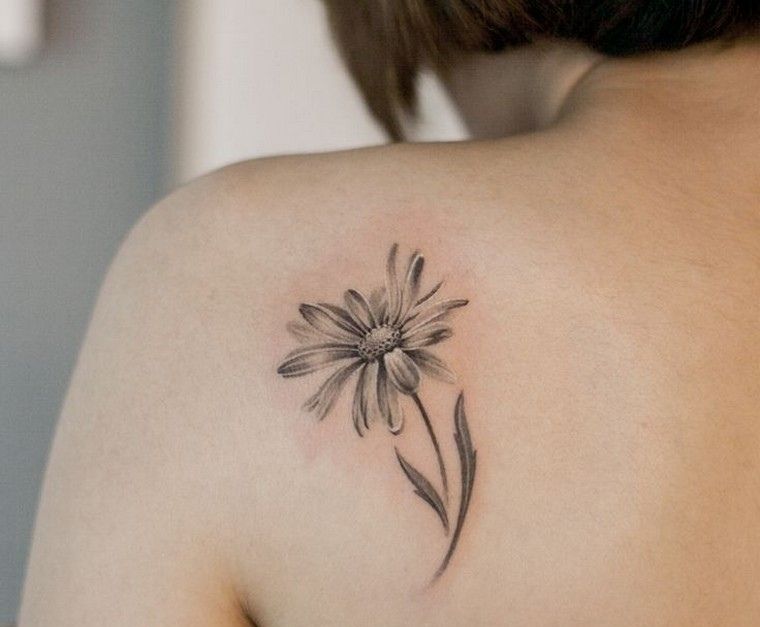 Large daisy tattoo on the shoulder blade for women