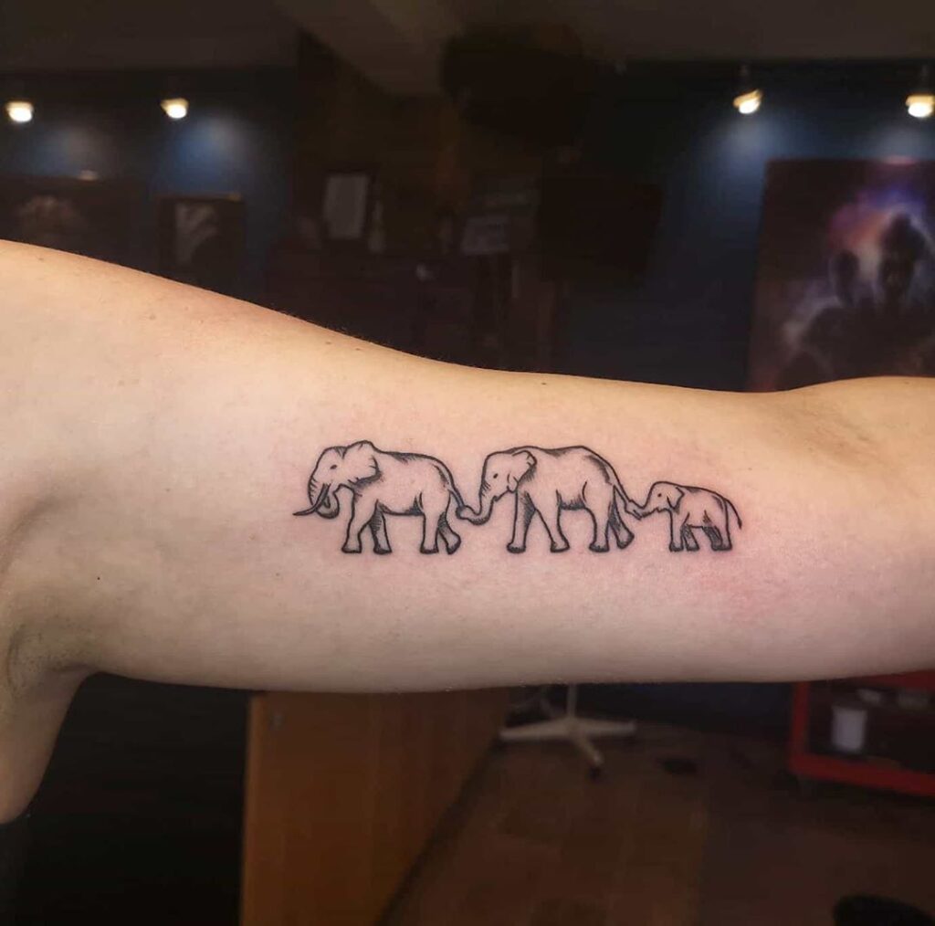 Tattoo of three elephants on the forearm for men