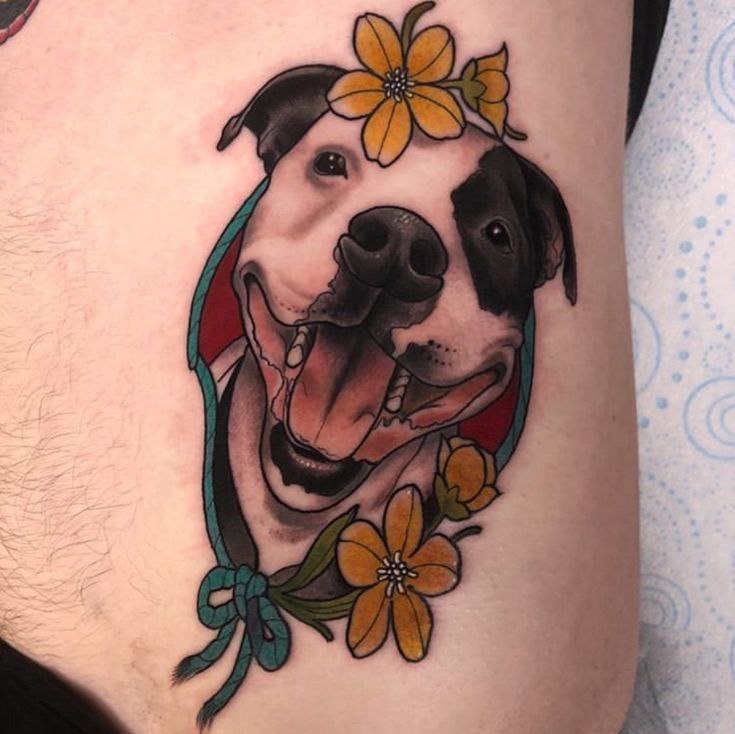 Pit bull tattoo on the side for men