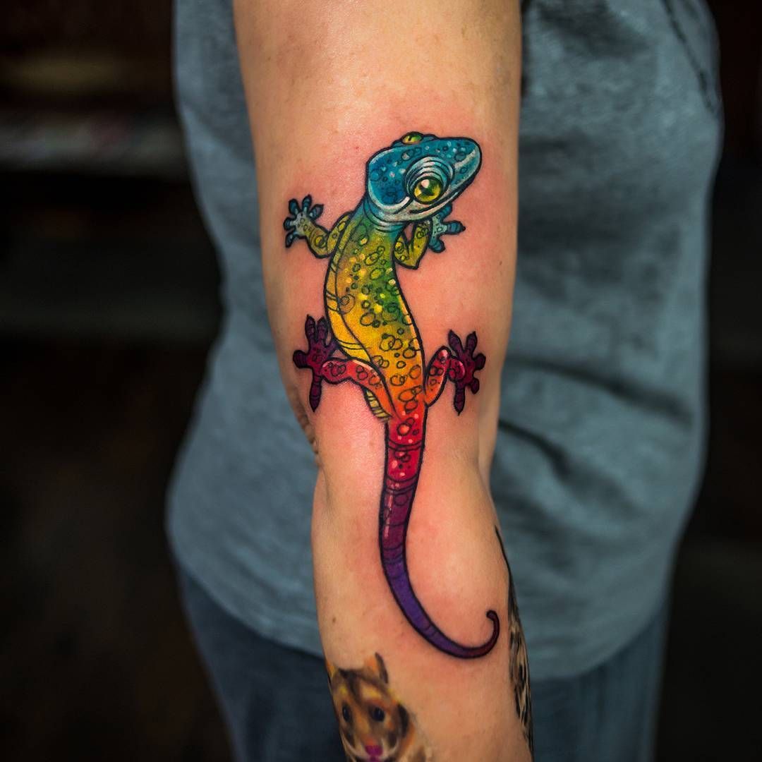 Colored lizard tattoo on the forearm for women