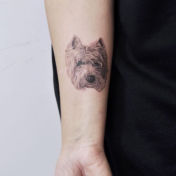 Tattoo of a dog on the forearm for women