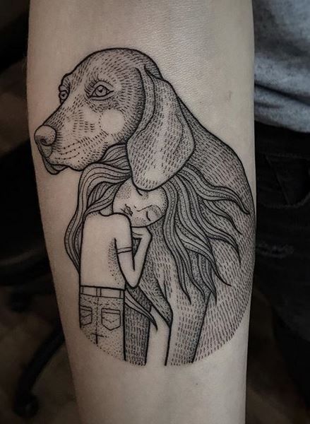 Tattoo of a dog with a girl on the forearm for men