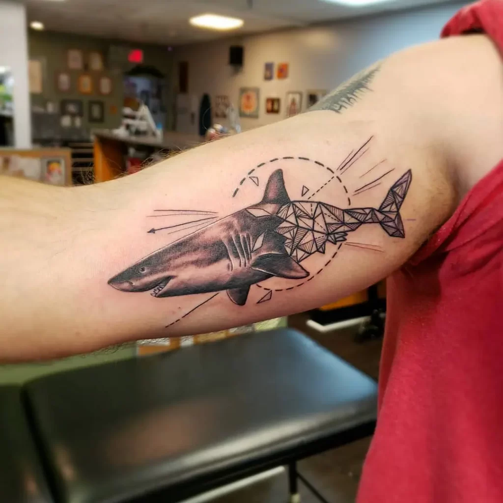 Large shark tattoo on the shoulder for men