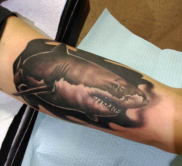 Large shark tattoo on the forearm for men Large shark tattoo on the forearm for men