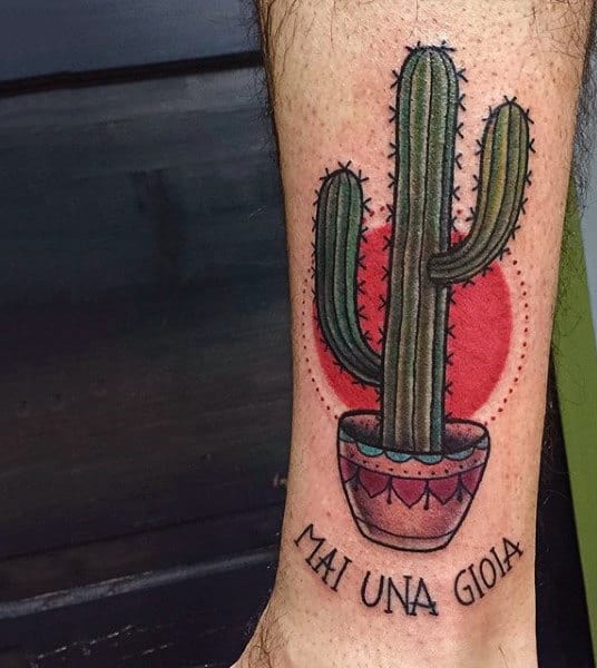 Colorful cactus tattoo on the shin for men