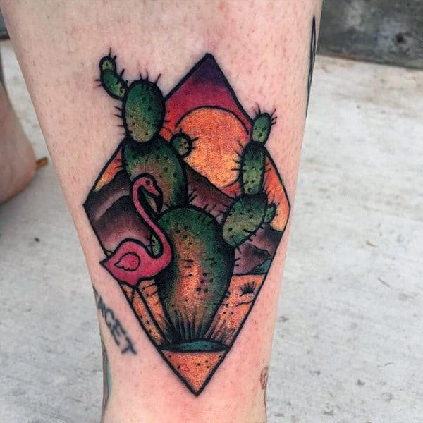 Colorful cactus tattoo on the shin for women