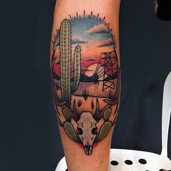 Color cactus and skull tattoo on the calf for men