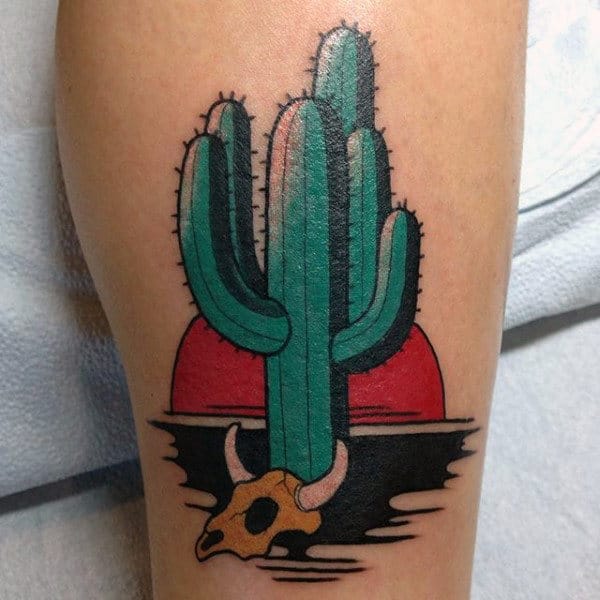 Colorful cactus tattoo on the shin for men