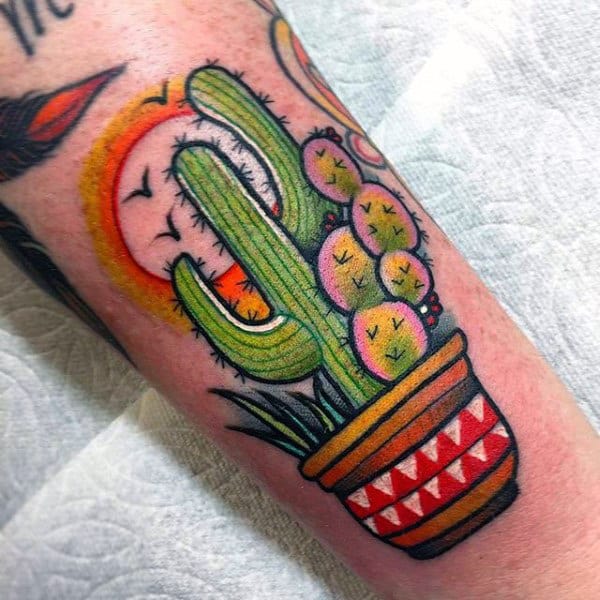 Colorful cactus tattoo on the arm for men