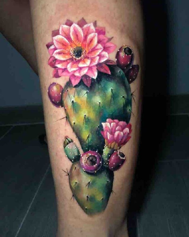 Colorful cactus tattoo on the shin for men