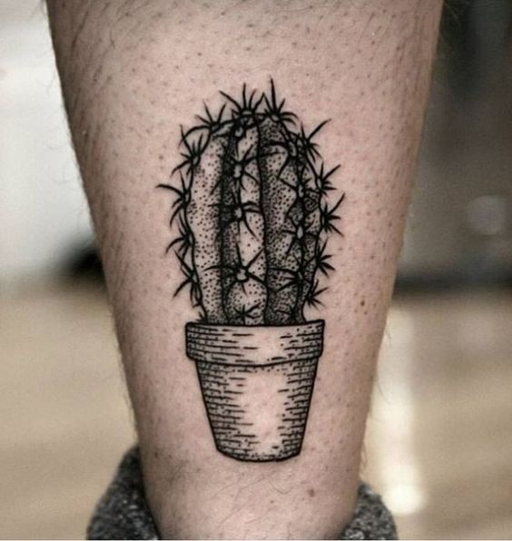 Cactus tattoo on the shin for women