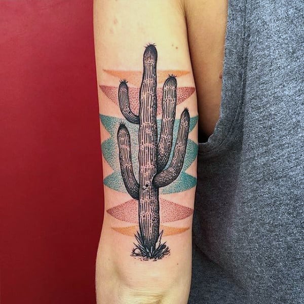 Colorful cactus tattoo on the shoulder for women