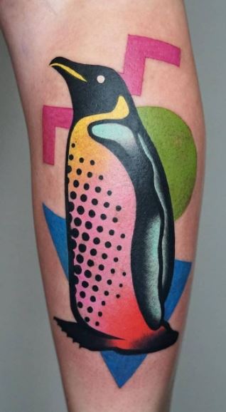 Tattoo of a penguin on the leg for men