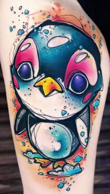 Penguin tattoo on the thigh for women