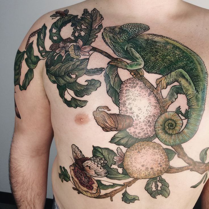 Tattoo of a colored chameleon on the chest for men