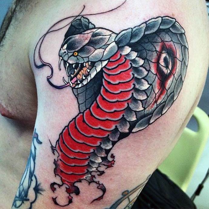 Tattoo of a colored cobra on the shoulder for men