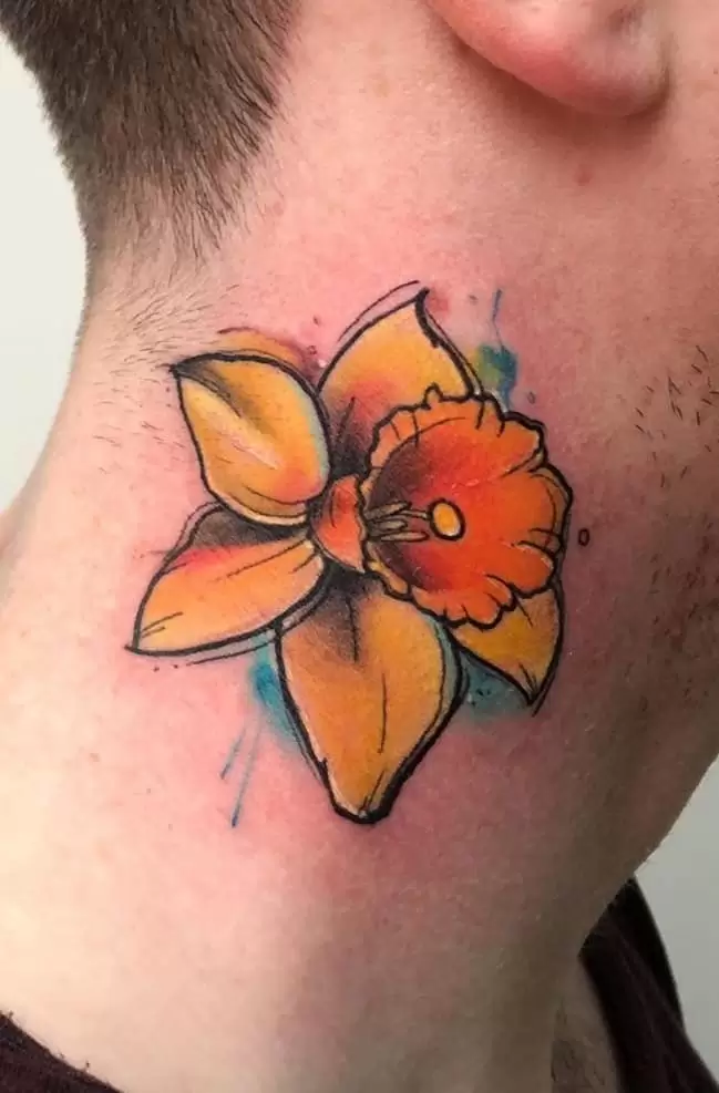 Large daffodil flower tattoo on the neck for men