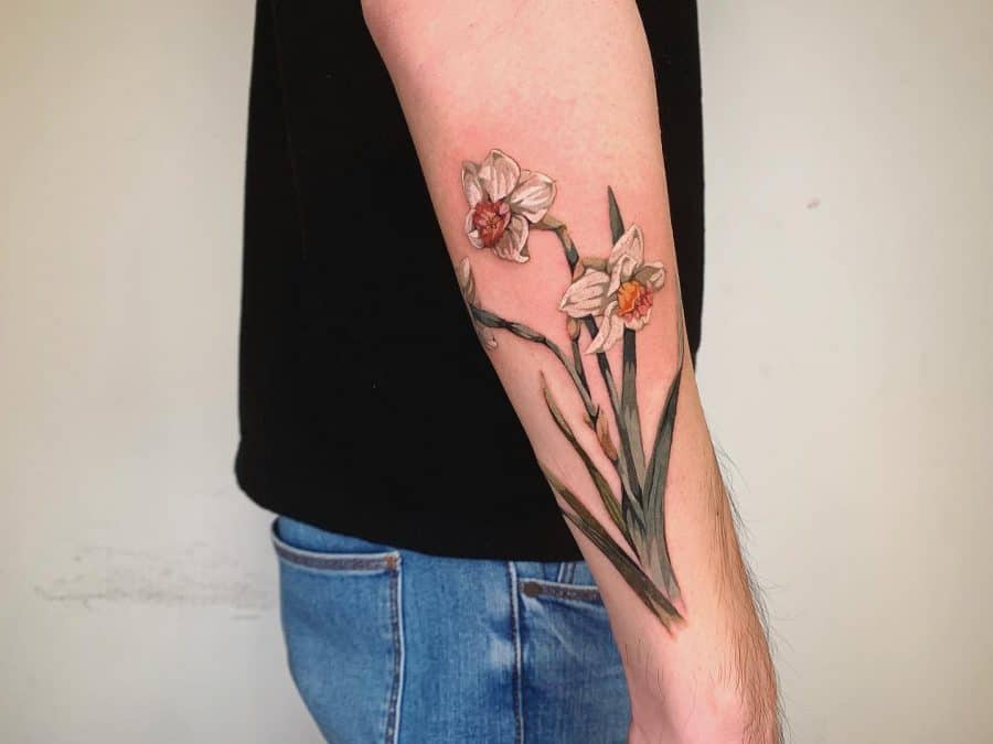 Narcissus flower tattoo on the forearm for men