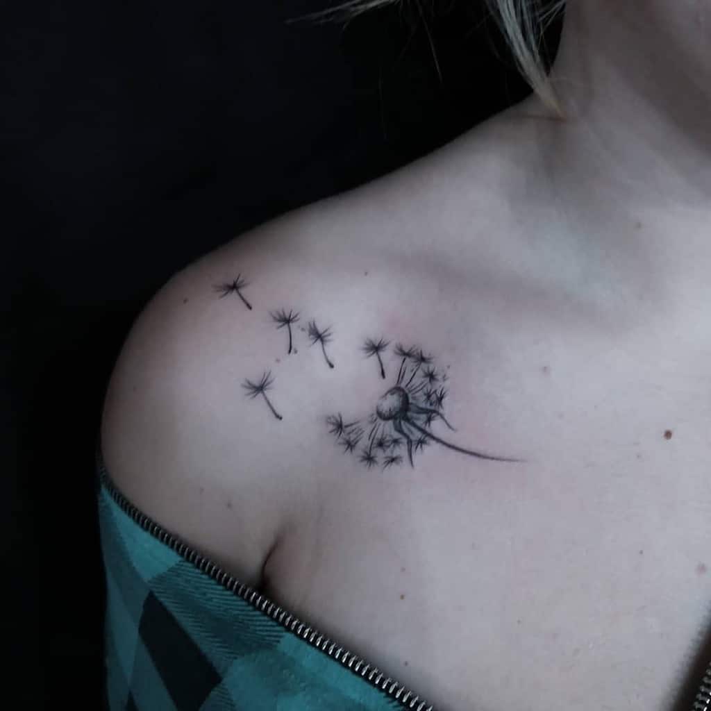 Dandelion tattoo on the collarbone for women