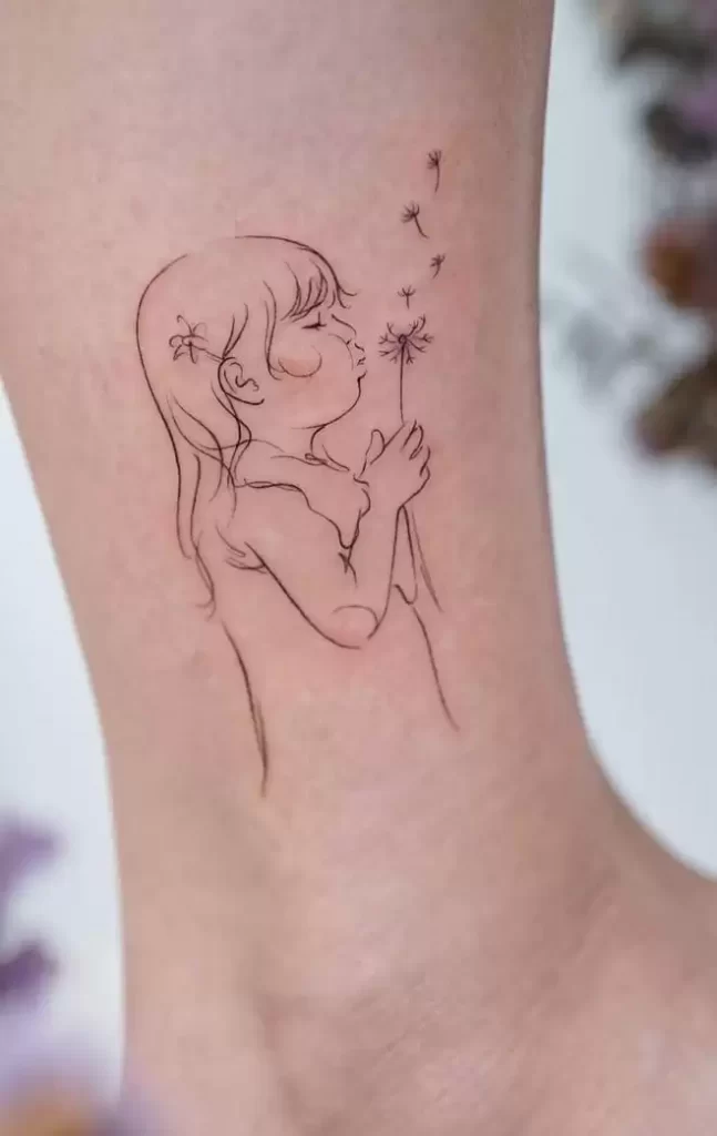 Dandelion tattoo with a girl on the shin for women