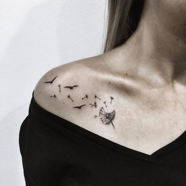 Dandelion tattoo on the collarbone for women