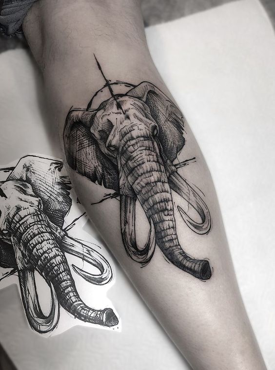 Elephant tattoo on the calf for men