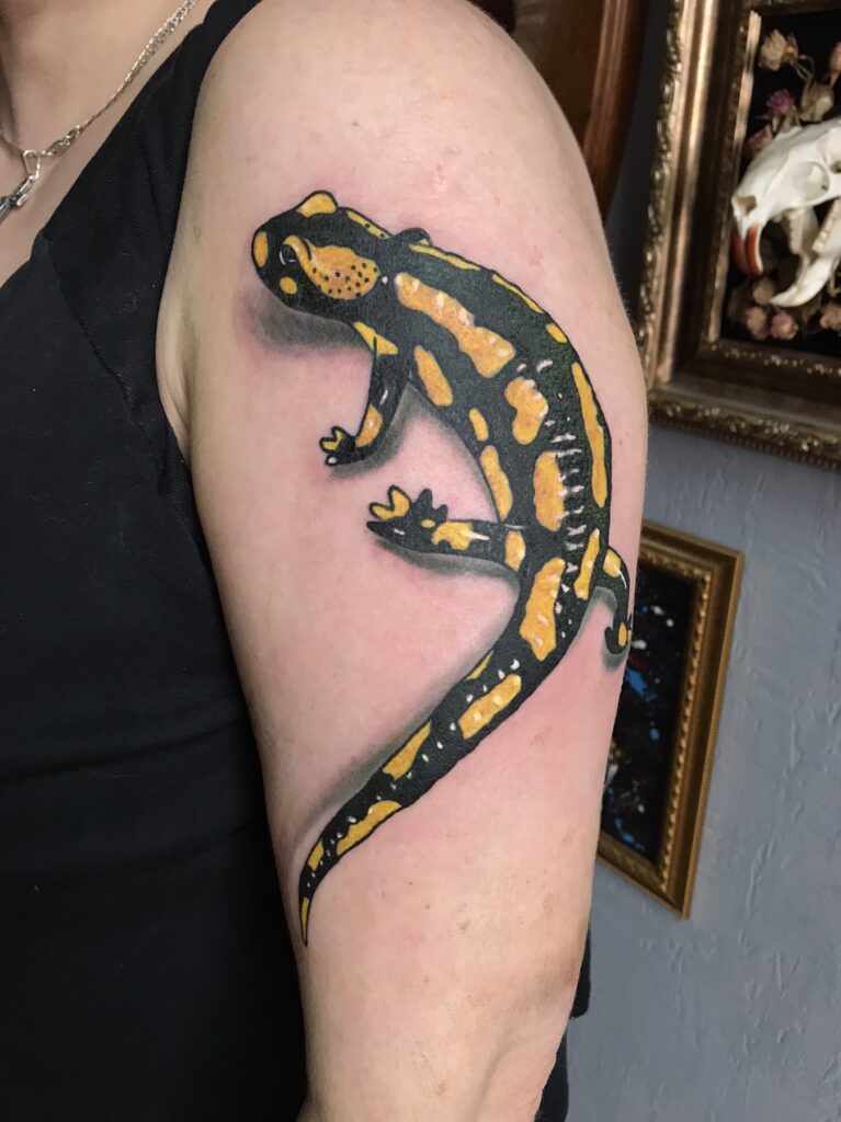 Salamander tattoo on the shoulder for men