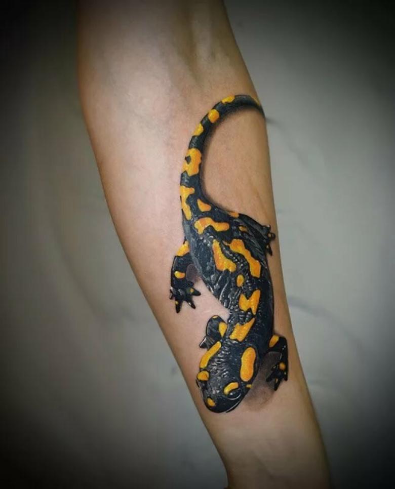 Salamander tattoo on the forearm for men